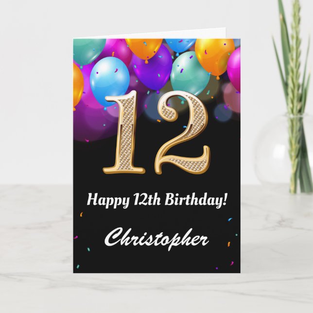 12th Birthday Black and Gold Colourful Balloons Card (Front)