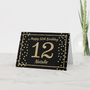 12th Birthday Black and Gold Glitter Confetti Card