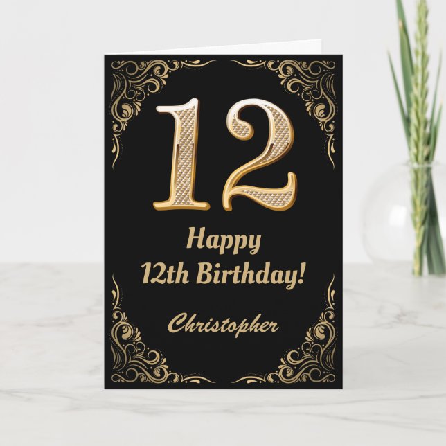 12th Birthday Black and Gold Glitter Frame Card (Front)