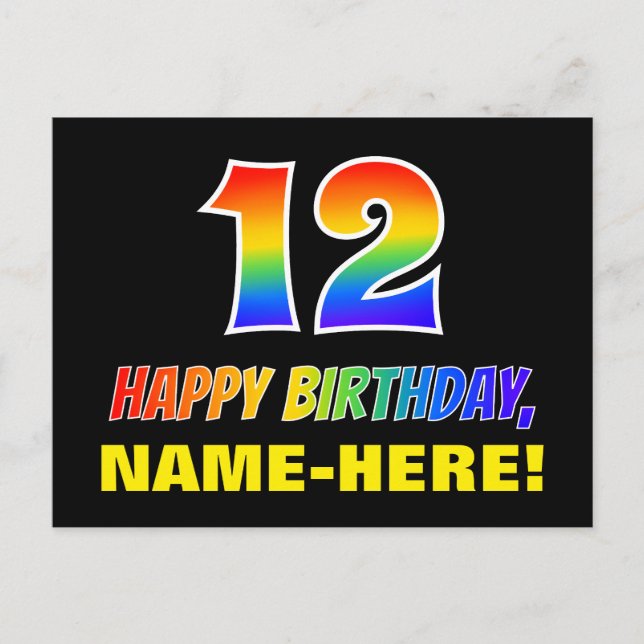 12th Birthday: Bold, Fun, Simple, Rainbow 12 Postcard (Front)