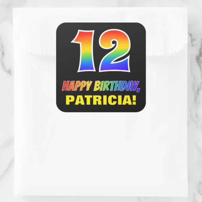 12th Birthday: Bold, Fun, Simple, Rainbow 12 Square Sticker (Bag)