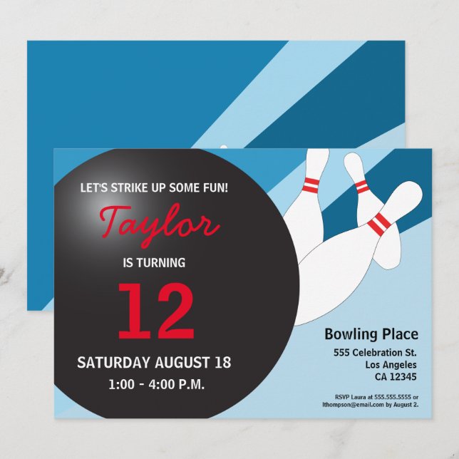 12th birthday bowling party blue red white invitation (Front/Back)