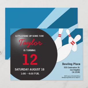 12th birthday bowling party blue red white invitation