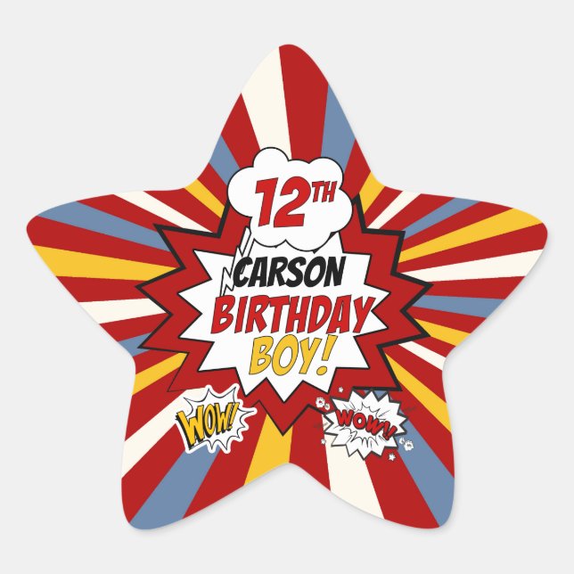 12th Birthday Boy Superhero Comic with Name Star Sticker (Front)