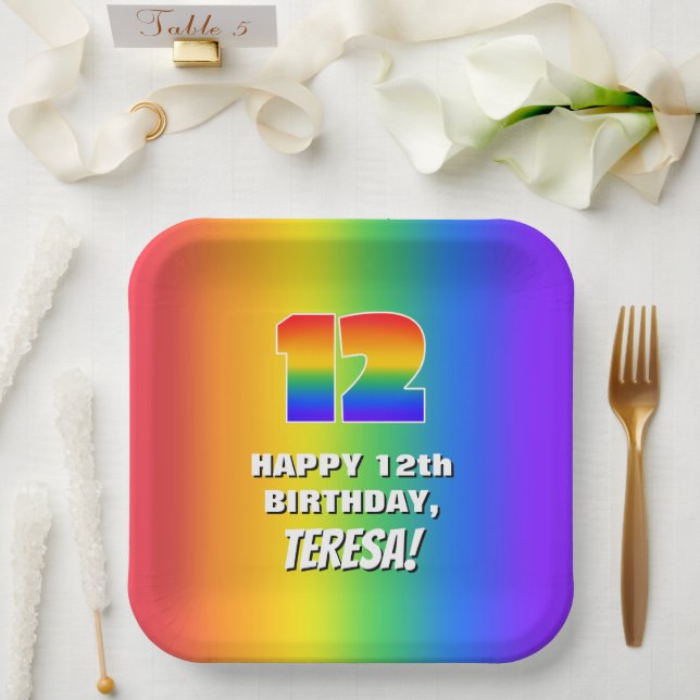 12th Birthday: Colorful, Fun Rainbow Pattern # 12 Paper Plate (Wedding)