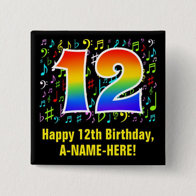 12th Birthday: Colourful Music Symbols, Rainbow 12 15 Cm Square Badge (Front)