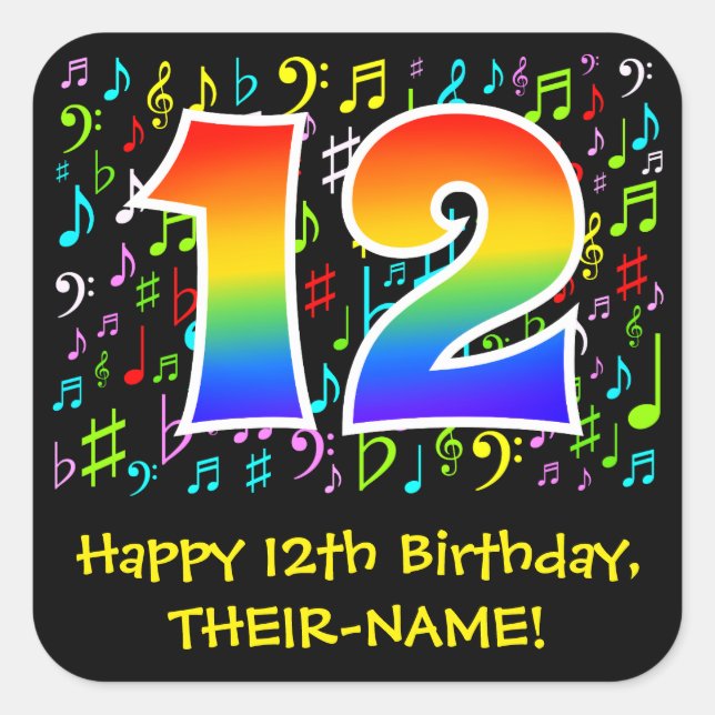 12th Birthday: Colourful Music Symbols, Rainbow 12 Square Sticker (Front)