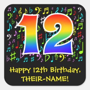 12th Birthday: Colourful Music Symbols, Rainbow 12 Square Sticker