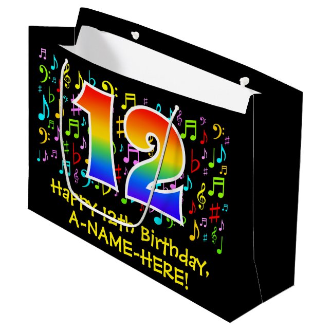 12th Birthday - Colourful Music Symbols, Rainbow 1 Large Gift Bag (Front Angled)