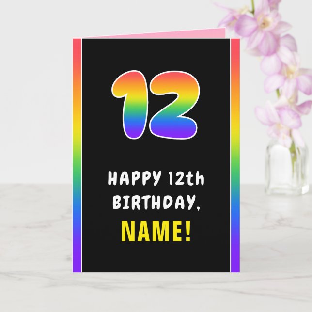 12th Birthday: Colourful Rainbow # 12, Custom Name Card (Orchid)