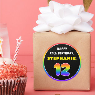 12th Birthday: Colourful Rainbow # 12, Custom Name Classic Round Sticker