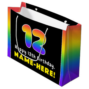 12th Birthday: Colourful Rainbow # 12, Custom Name Large Gift Bag