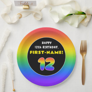 12th Birthday: Colourful Rainbow # 12, Custom Name Paper Plate