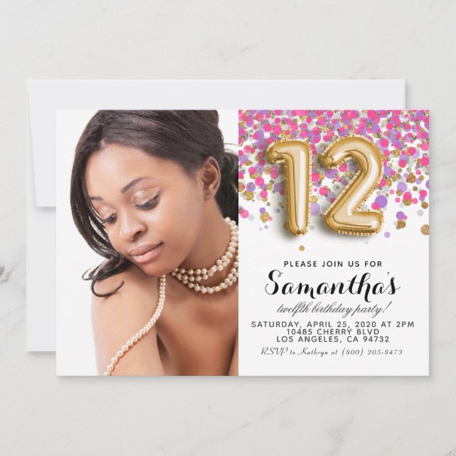 12th Birthday Confetti Gold Portrait Invitation (Front)