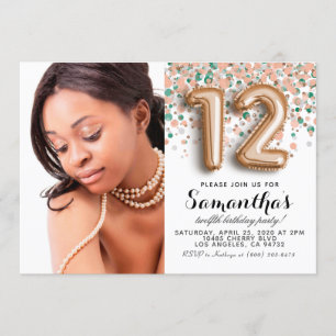 12th Birthday Confetti Gold Portrait Invitation
