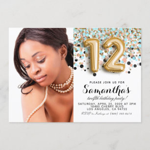 12th Birthday Confetti Gold Portrait Invitation