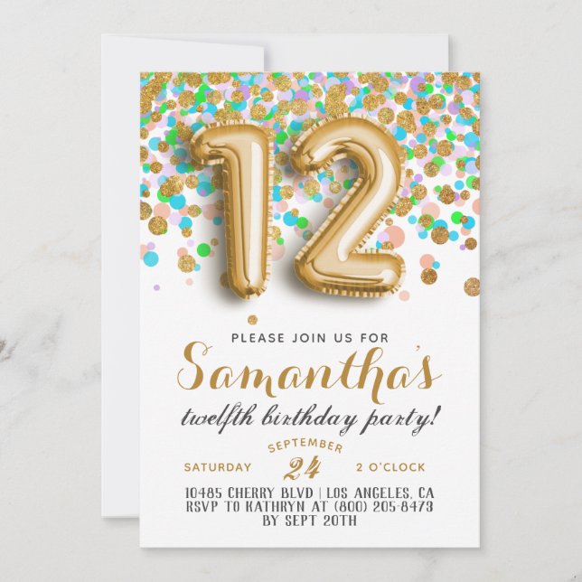 12th Birthday Confetti Invitation (Front)