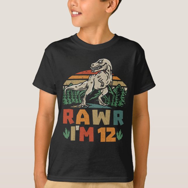 12th Birthday Dinosaur T Rex Rawr I'm 12 For Boys  T-Shirt (Front)