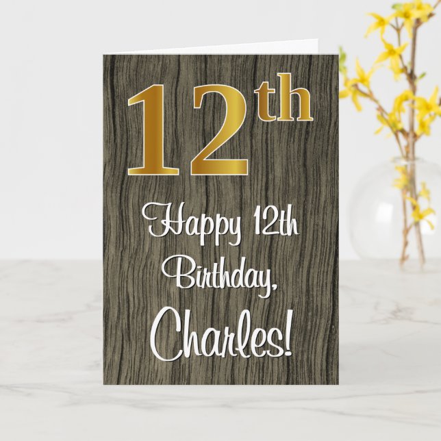 12th Birthday: Elegant Faux Gold Look #, Faux Wood Card (Yellow Flower)