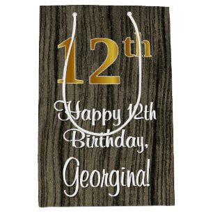 12th Birthday: Elegant Faux Gold Look #, Faux Wood Medium Gift Bag
