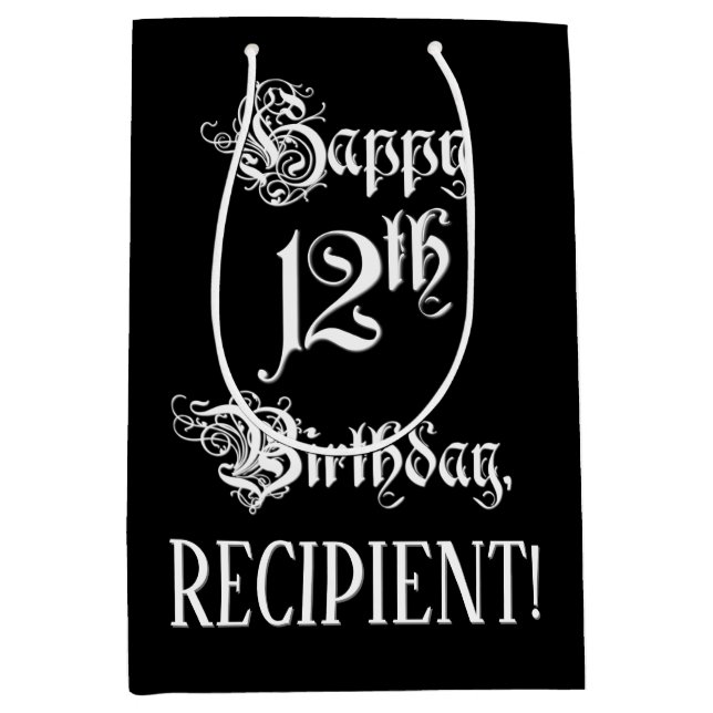 12th Birthday: Fancy, Elegant Script + Custom Name Medium Gift Bag (Front)