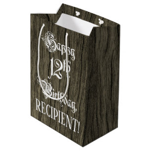 12th Birthday: Fancy, Faux Wood Look + Custom Name Medium Gift Bag