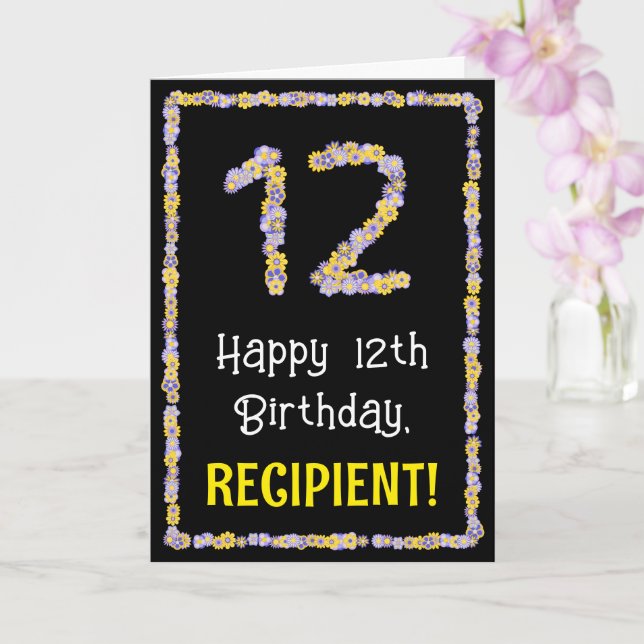 12th Birthday: Floral Flowers Number, Custom Name Card (Orchid)