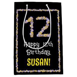 12th Birthday: Floral Flowers Number, Custom Name Medium Gift Bag