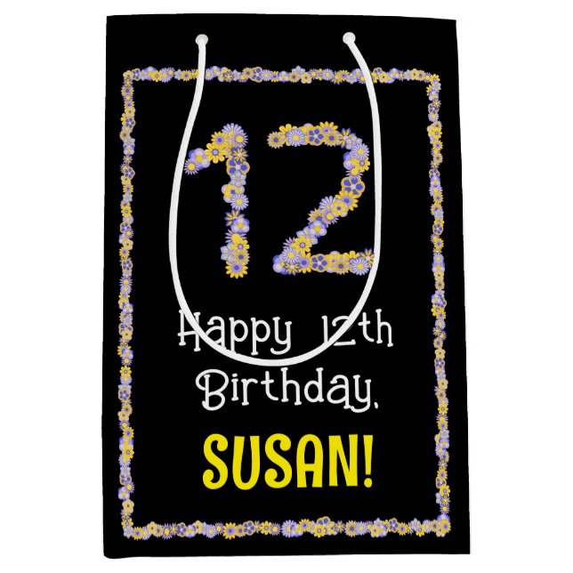 12th Birthday: Floral Flowers Number, Custom Name Medium Gift Bag (Front)