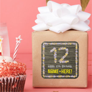 12th Birthday: Floral Number, Faux Wood Look, Name Square Sticker