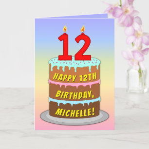 12th Birthday — Fun Cake & Candles, w/ Custom Name Card