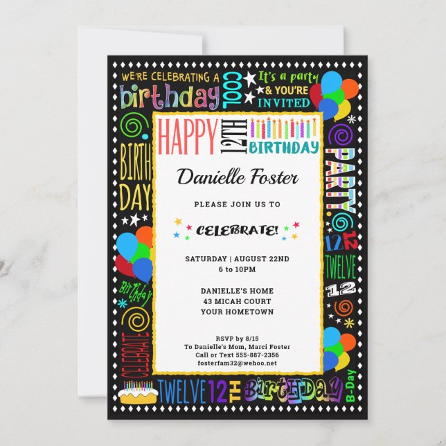 12th Birthday Fun Colour Crazy Text on Black Party Invitation (Front)