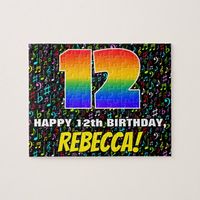 12th Birthday — Fun, Colourful Music Symbols & “12 Jigsaw Puzzle (Horizontal)