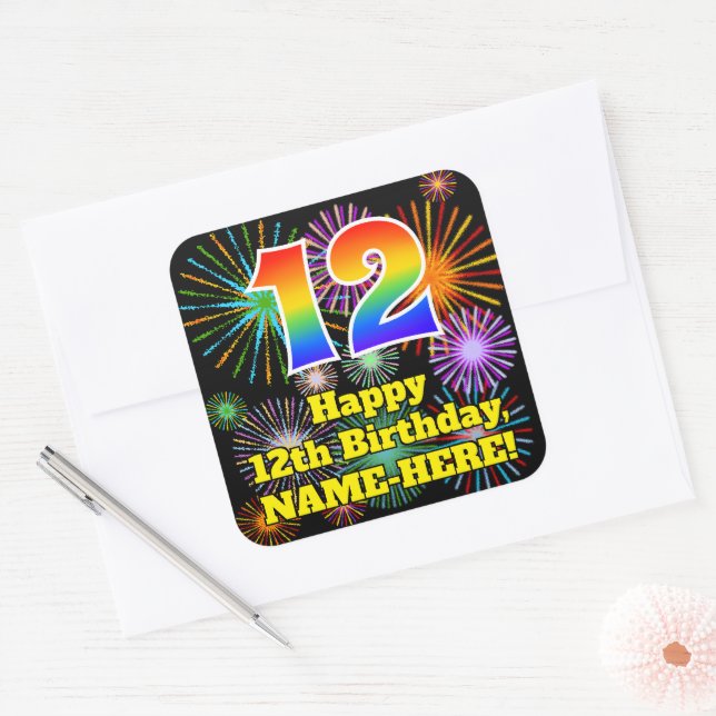 12th Birthday: Fun Fireworks Look, Rainbow # 12 Square Sticker (Envelope)