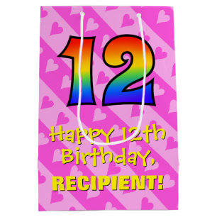 12th Birthday: Fun Pink Hearts Stripes; Rainbow 12 Medium Gift Bag