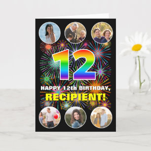 12th Birthday: Fun Rainbow #, Custom Name & Photos Card