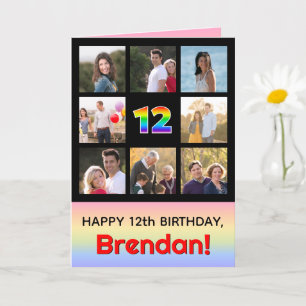 12th Birthday: Fun Rainbow #, Custom Photos + Name Card
