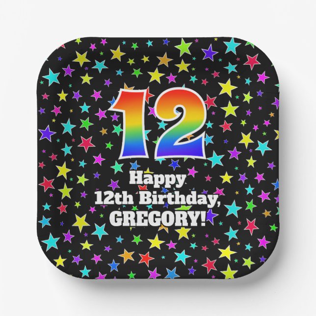 12th Birthday: Fun Stars Pattern and Rainbow “12” Paper Plate (Front)
