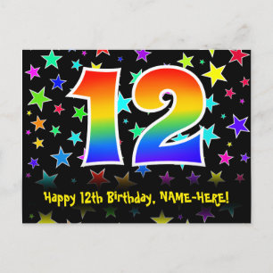 12th Birthday: Fun Stars Pattern, Rainbow 12, Name Postcard