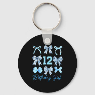 12th Birthday Girl Blue Toile Coquette Bow 12 Year Key Ring