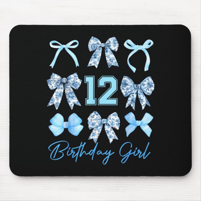 12th Birthday Girl Blue Toile Coquette Bow 12 Year Mouse Mat (Front)