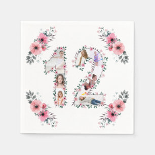 12th Birthday Girl Flower Photo Collage White Napkin