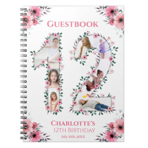 12th Birthday Girl Photo Collage Pink Flower White Notebook