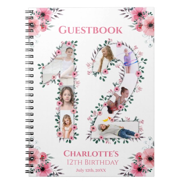 12th Birthday Girl Photo Collage Pink Flower White Notebook (Front)