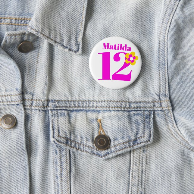 12th Birthday girls pink pin button badge (In Situ)
