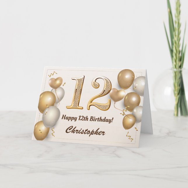 12th Birthday Gold Balloons and Confetti Birthday Card (Front)