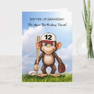12th Birthday Grandson Baseball Monkey Bat Ball Card