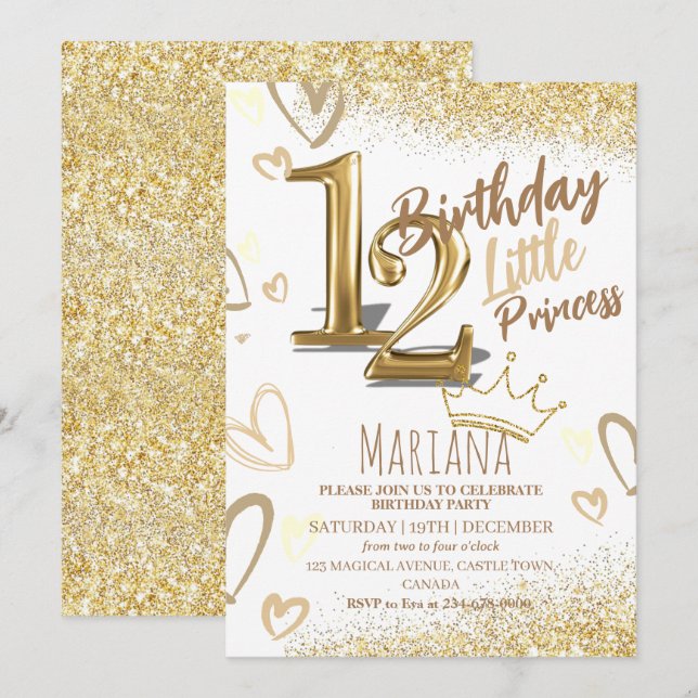12th Birthday Heard Gold Glitter Glamourous Party Invitation (Front/Back)