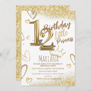 12th Birthday Heard Gold Glitter Glamourous Party Invitation