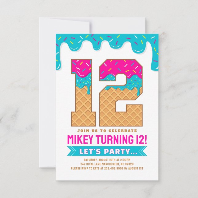 12th Birthday Ice Cream Drip Invitation (Front)